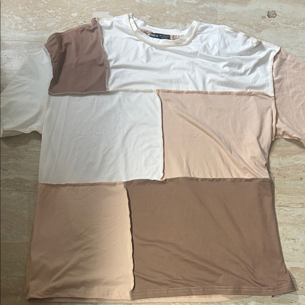 SHEIN Women's Patchwork Tee - Cream and Brown